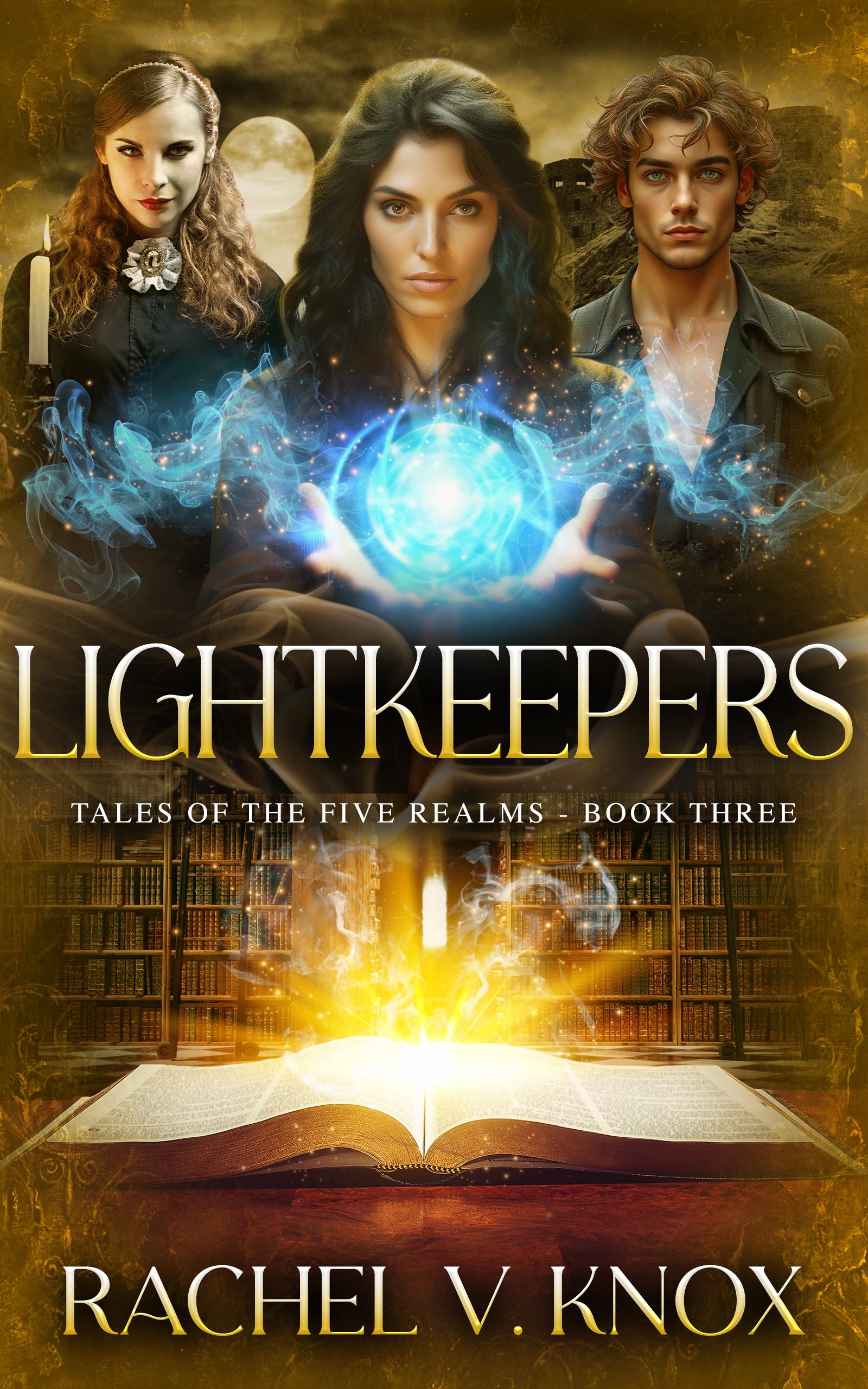 Cover image for Lightkeepers novel showing 3 mages and a magic codex.