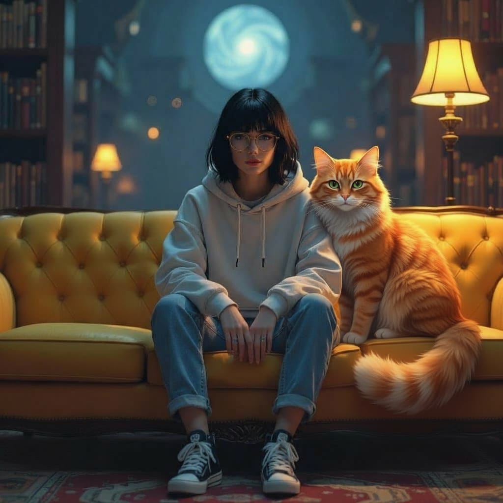 The character Mei, sitting on a sofa with a big ornage cat in the therapy room